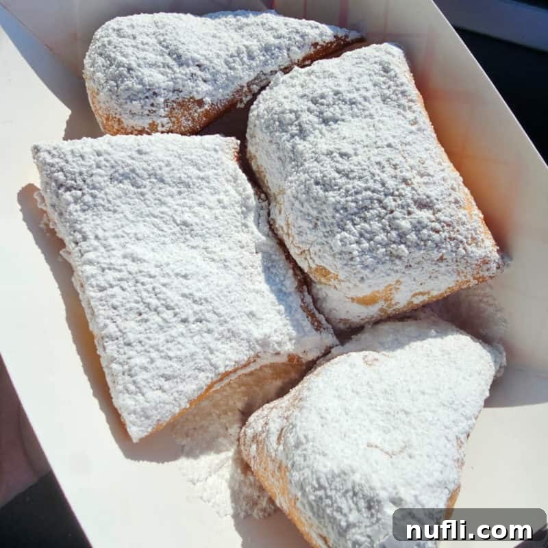 A generous serving of fresh beignets, dusted with powdered sugar, presented in a paper container from Cafe Beignet.