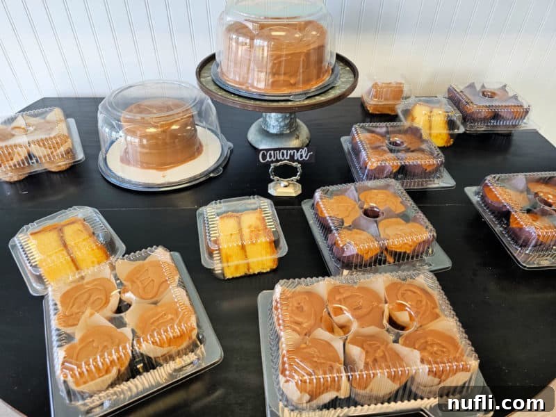 An enticing display of a rich, multi-layered caramel cake from Deep South Cake Company, showcasing its decadent frosting.