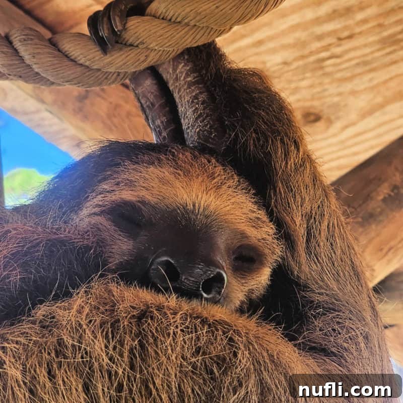 Best Things to Do in Orange Beach and Gulf Shores Alabama 16 A two-toed sloth sleeping contentedly while holding onto a rope at the Alabama Gulf Coast Zoo.