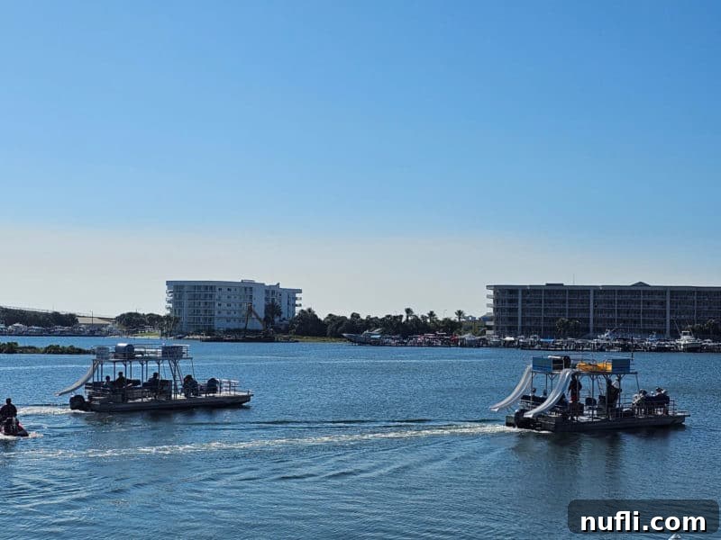 Best Things to Do in Orange Beach and Gulf Shores Alabama 21 Two vibrant pontoon boats, complete with slides, resting on the water, inviting adventurers for a day of fun and exploration.