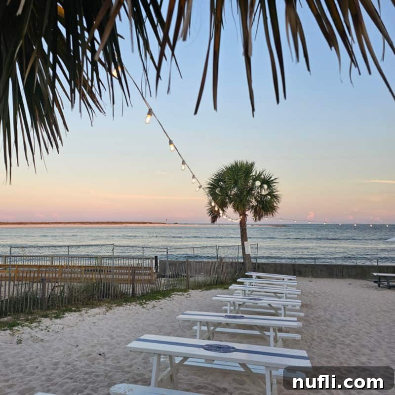 Orange Beach and Gulf Shores Must Try Restaurants 30 picnic table and a palm tree with sunset views over the Gulf of Mexico