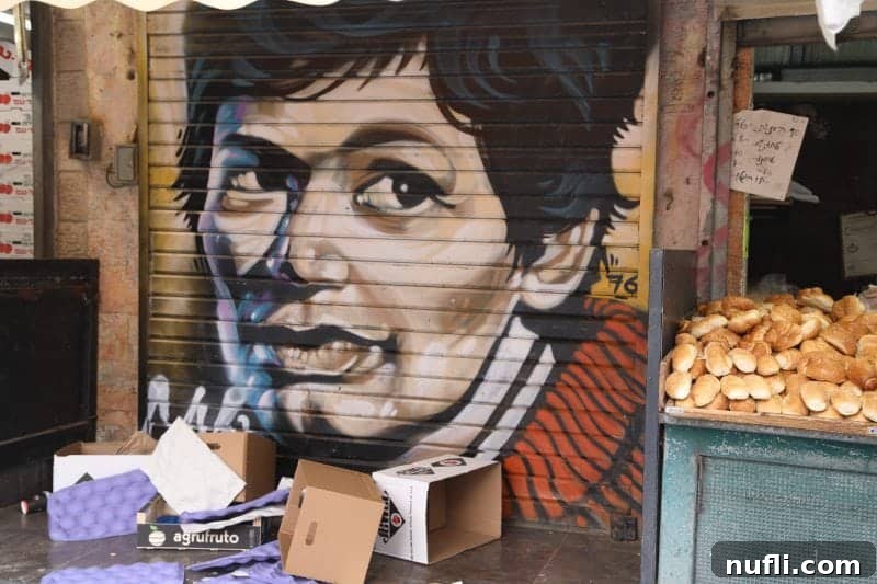Mahane Yehuda Market Jerusalem's Culinary Soul 23 A captivating mural painted of a person on a closed market door