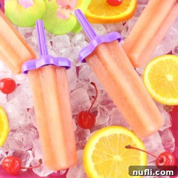 Bahama Mama Popsicles on a bed of ice with orange slices and maraschino cherries
