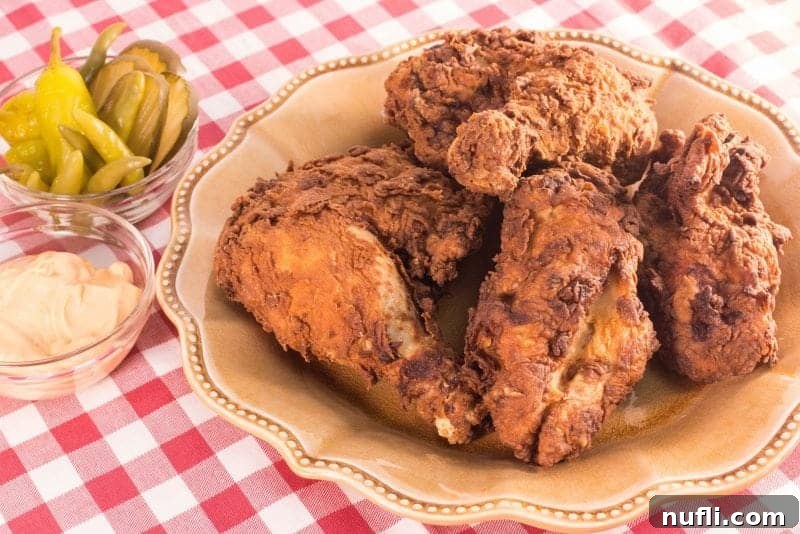 Crafting Nashville Hot Chicken From Scratch 3 Nashville Hot Chicken on a yellow plate next to peppers and pickles