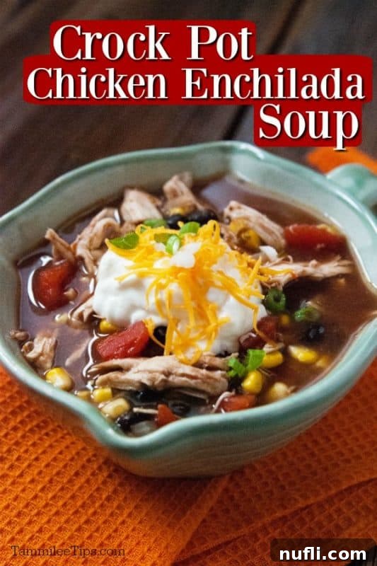 Crockpot chicken enchilada soup over a bowl of soup garnished with sour cream and cheese