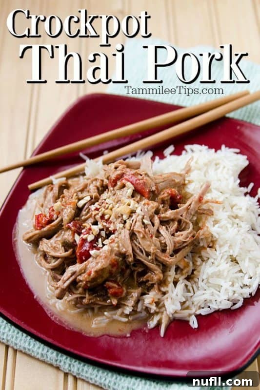 Crockpot Thai Pork over a red plate with Thai pork and rice next to chopsticks