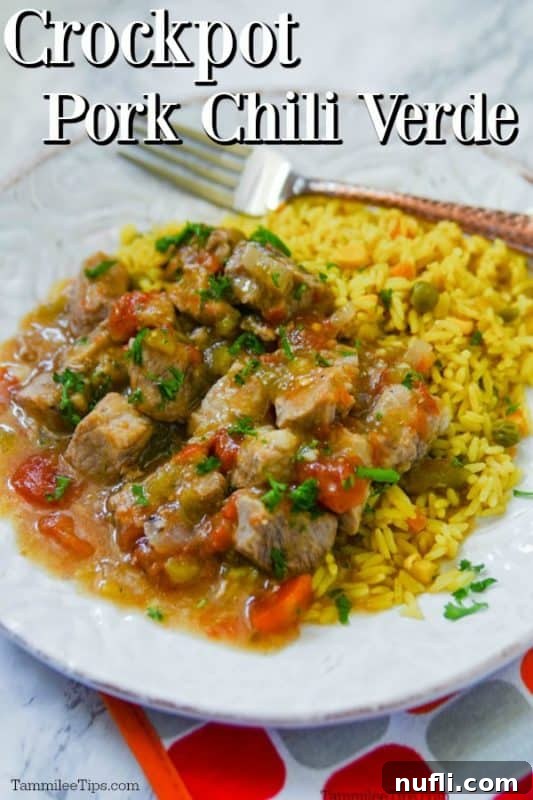 Tender Slow Cooker Pork Chili Verde 2 Crockpot Pork Chili Verde over a white bowl with pork and rice near a fork