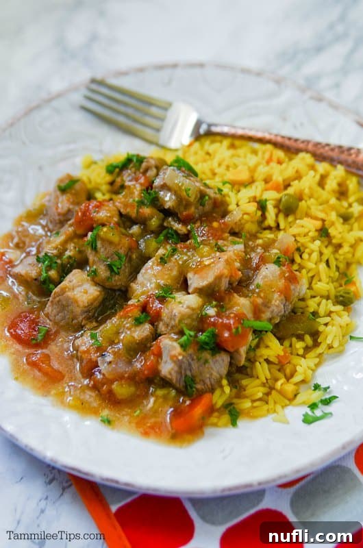 Tender Slow Cooker Pork Chili Verde 3 a white plate with Crockpot Pork Chili Verde and rice near a fork