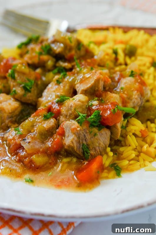 Tender Slow Cooker Pork Chili Verde 4 Close up of a white plate with Crockpot Pork Chili Verde and rice near a fork
