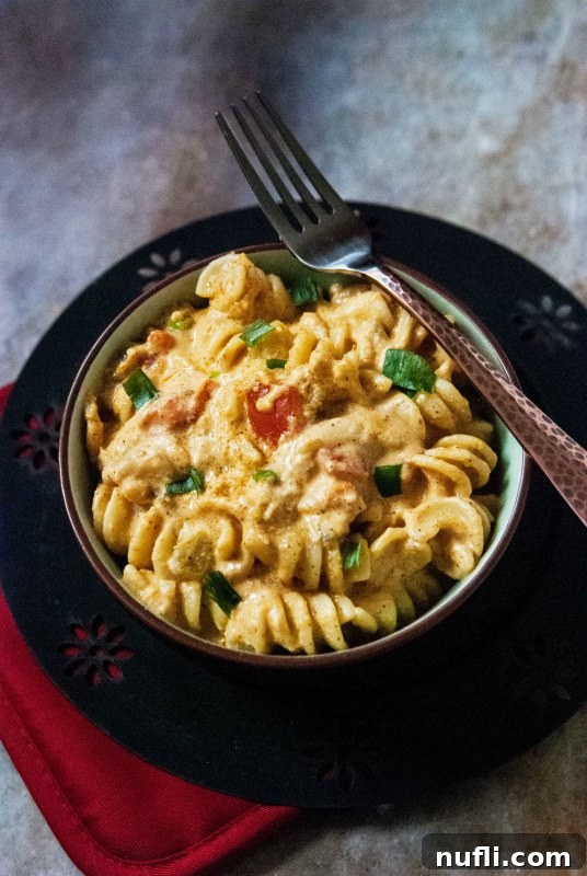 mexican mac and cheese in a bowl on a plate with a fork on top of the bowl 