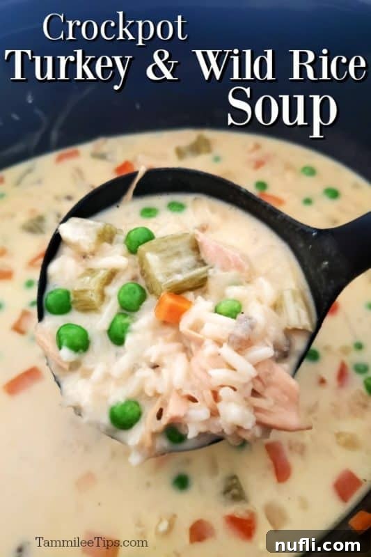 A ladle serving a portion of steaming hot Crockpot Turkey & Wild Rice Soup from a slow cooker, highlighting the rich broth, tender turkey, and distinctive wild rice. Perfect for repurposing holiday leftovers.