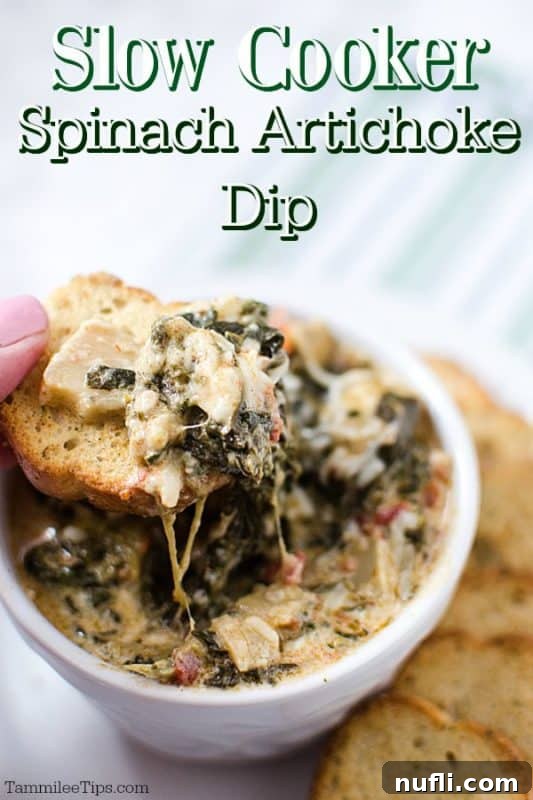 Creamy Slow Cooker Sun Dried Tomato Spinach Artichoke Dip 2 Hand dipping a piece of bread into a warm slow cooker spinach artichoke dip with sun-dried tomatoes.