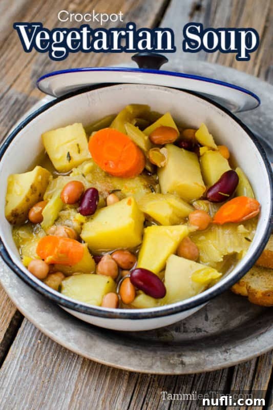 Effortless Vegetarian Slow Cooker Soup 2 crockpot vegetarian soup over a white bowl filled with potatoes, beans, carrots, and broth on a silver tray