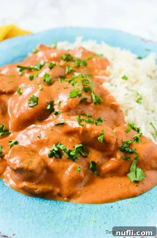  blue plate with chicken tikka masala, white rice, and a fork
