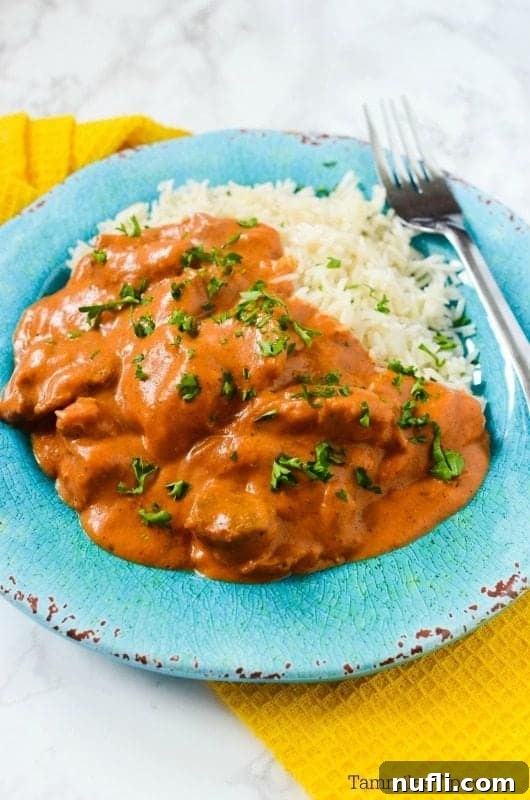  blue plate with chicken tikka masala , white rice, and a fork