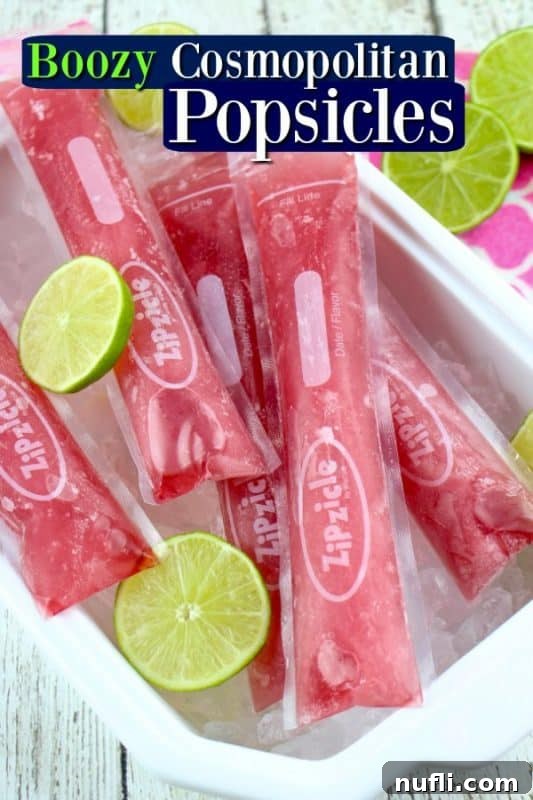 Boozy Cosmopolitan popsicles over a bowl with red popsicles and lime pieces