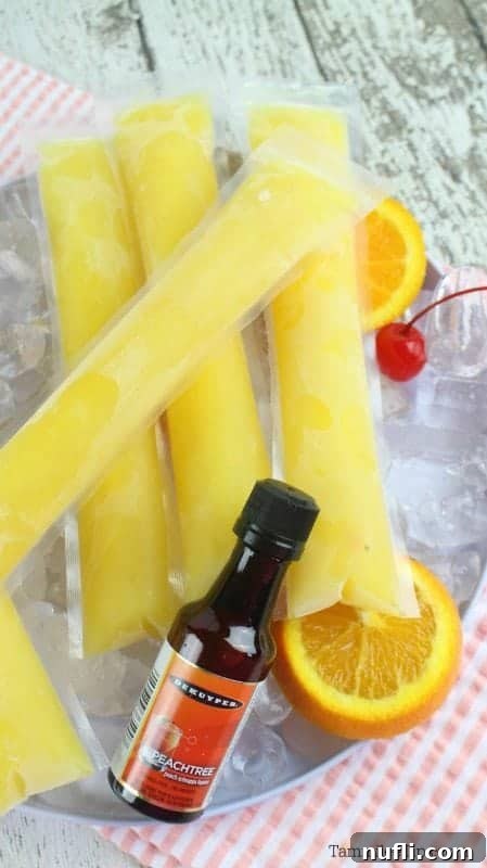 fuzzy navel ice pops in a bowl of ice with a bottle of peachtree