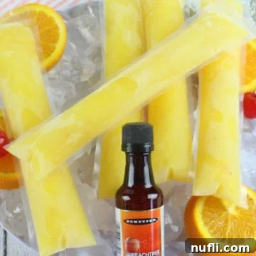 Fuzzy Navel Cocktail Freezer Pops 5 Fuzzy Navel boozy popsicles on a bed of ice with oranges