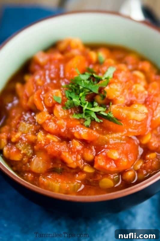 Close-up of a creamy vegan lentil soup in a rustic bowl, showcasing its rich texture and vibrant color.