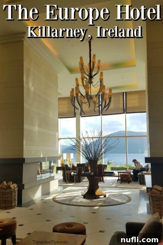 Lakeside Elegance in Killarney: The Europe Hotel 2 Grand lobby area of The Europe Hotel Killarney with expansive windows showcasing the scenic Lakes of Killarney.