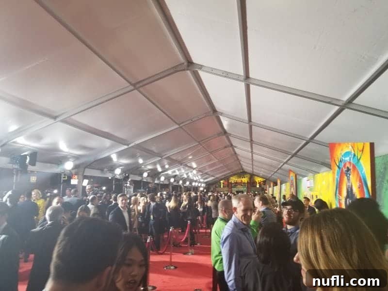 People excitedly walking the brightly lit red carpet at the Thor Ragnarok premiere, surrounded by flashes