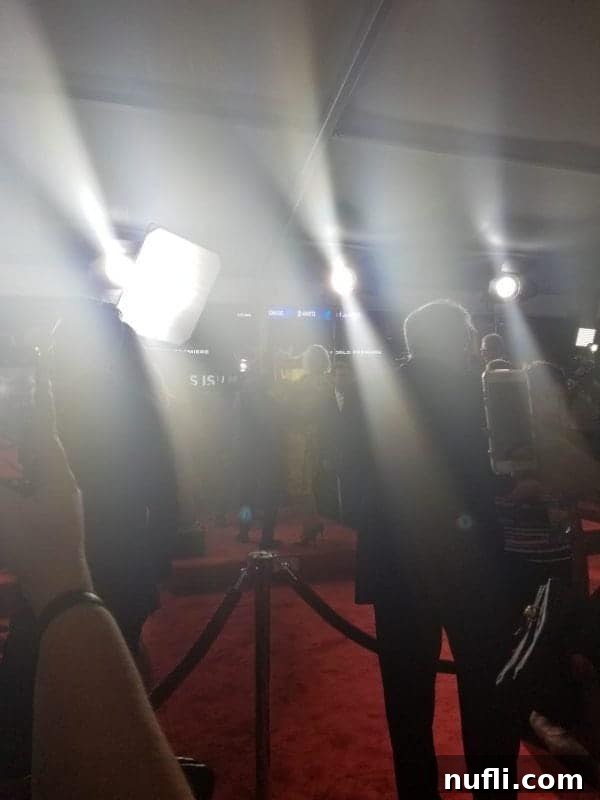 A closer view of people on the red carpet, with faint outlines of celebrities in the distance