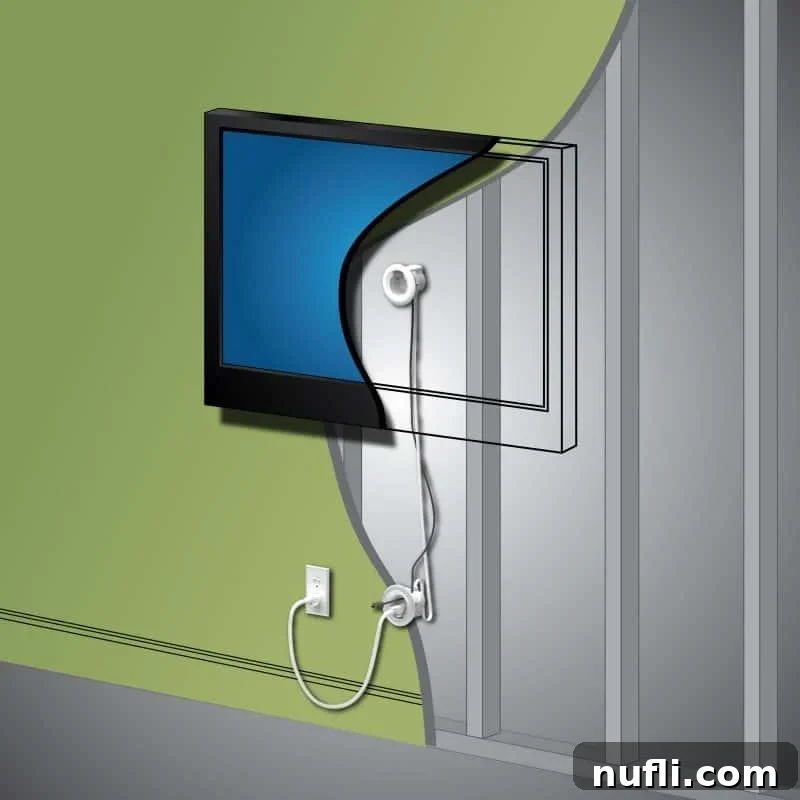 No More Tangled TV Cords: Legrand In-Wall Power Kit at Best Buy 2 diagram showing tv cords hidden behind a wall