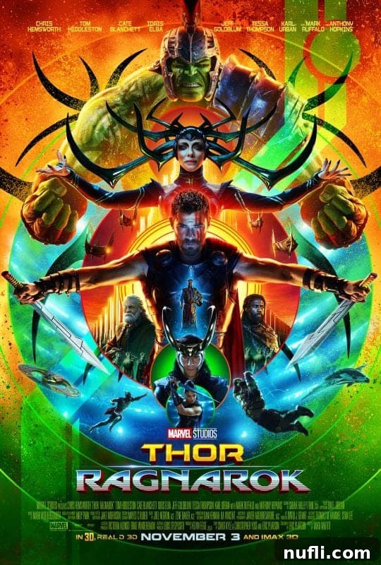 Striking movie poster for Marvel Studios' Thor: Ragnarok, featuring Thor, Hulk, Hela, Loki, and other characters.