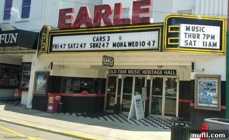 Historic Earle Theatre sign and entrance, home to Old-Time Music Heritage Hall in Mount Airy
