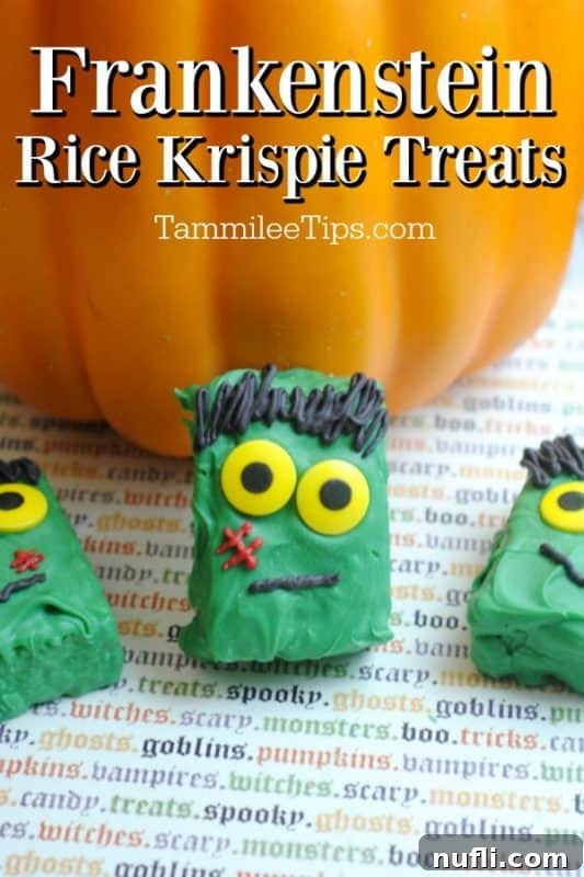 Three decorated Frankenstein Rice Krispie treats with googly eyes and candy hair