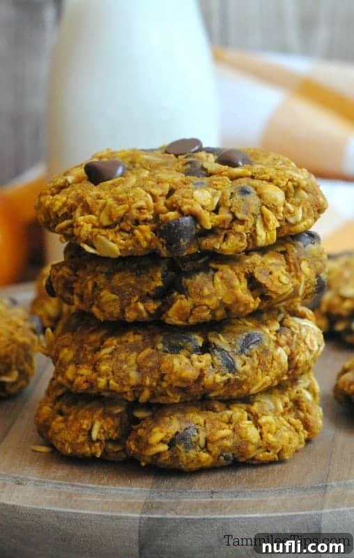 Stack of oatmeal chocolate chip cookies with a pumpkin and bottle of milk