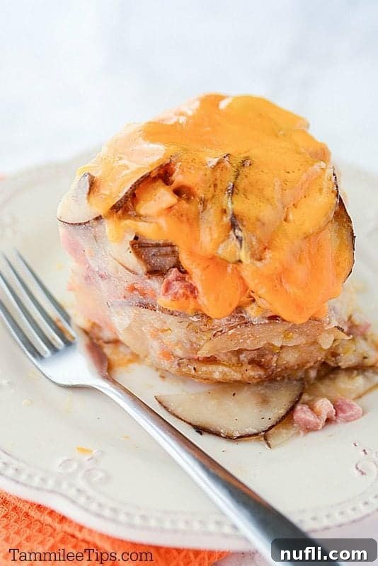 white plate with scalloped potato and ham