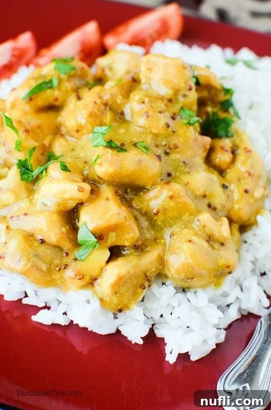 Close-up of golden honey mustard chicken and rice on a red plate, ready to be enjoyed.