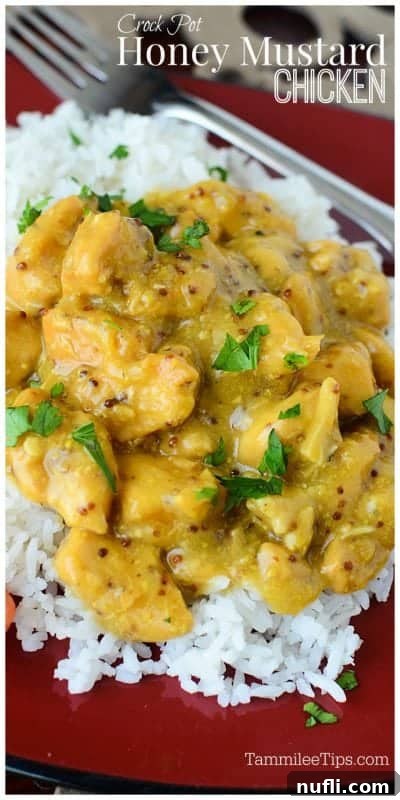 Easy 3-ingredient Crockpot Honey Mustard Chicken recipe ready to serve.