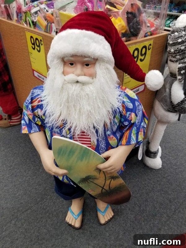Surfing santa with a surfboard
