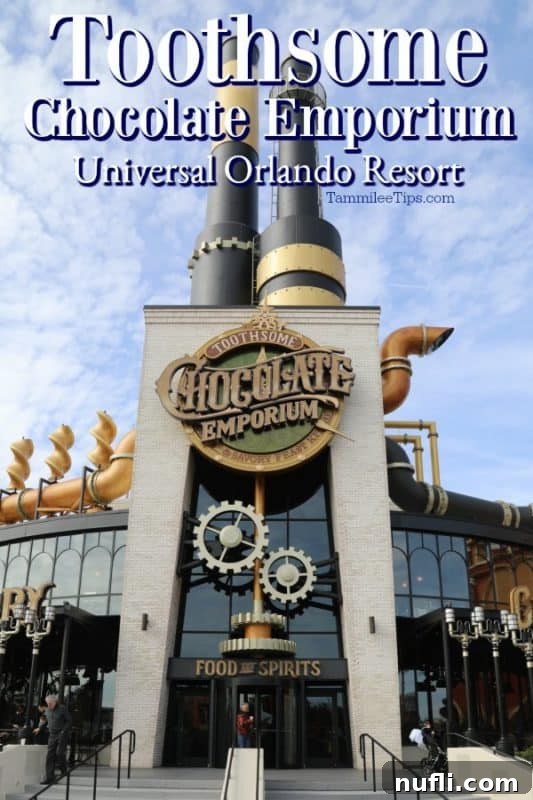 Toothsome Chocolate Emporium at Universal CityWalk 2 The grand entrance of Toothsome Chocolate Emporium, a steampunk-inspired building at Universal CityWalk Orlando.