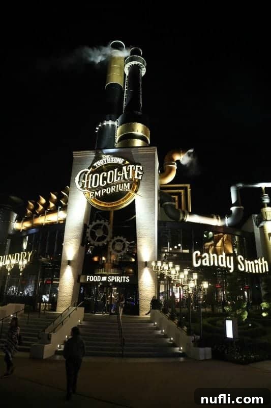 Toothsome Chocolate Emporium at Universal CityWalk 11 Toothsome Chocolate Emporium illuminated beautifully at night, a beacon of light at Universal CityWalk.