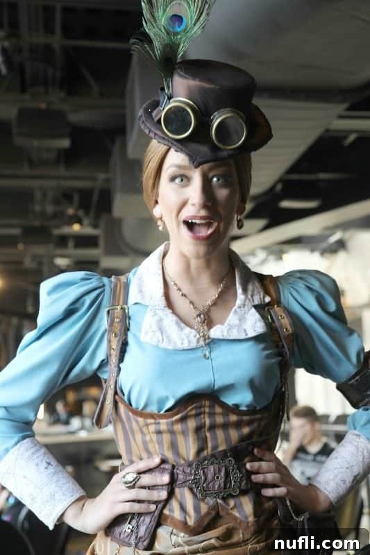 Toothsome Chocolate Emporium at Universal CityWalk 5 A friendly female character, dressed in steampunk attire, interacting with guests at Toothsome Chocolate Emporium.