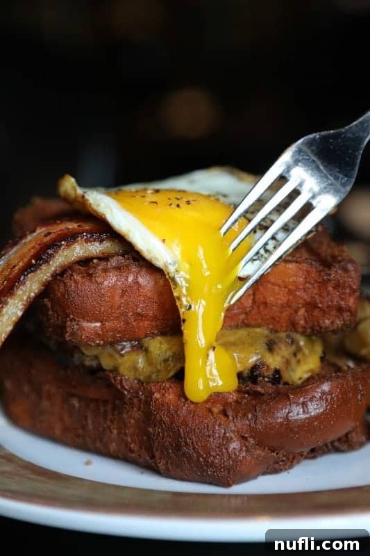 Toothsome Chocolate Emporium at Universal CityWalk 9 A close-up of a gourmet patty melt with a perfectly cooked sunny-side-up egg, dripping over the side of the sandwich, served with crispy potatoes.