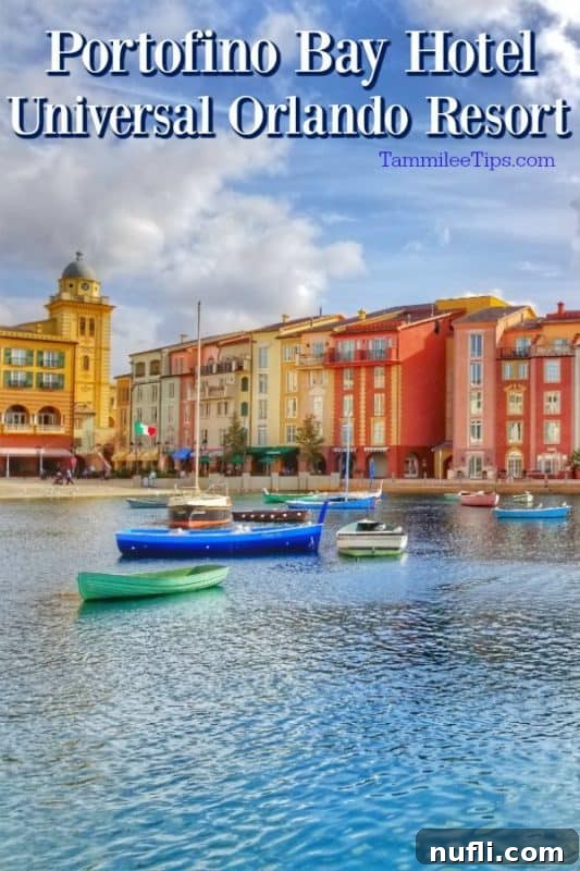 Portofino Bay Hotel Universal Orlando Resort over colorful buildings and boats in the harbor