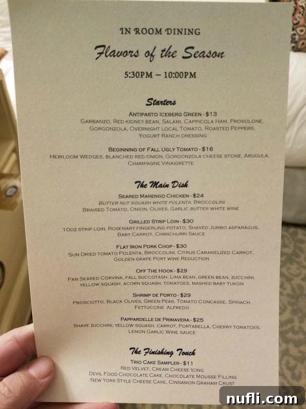 In room dining flavors of the seaon menu