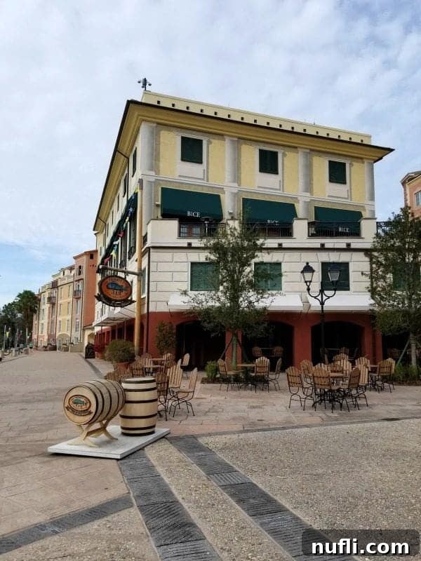 looking down the path at Italian inspired buildings and Thirsty Fish Bar