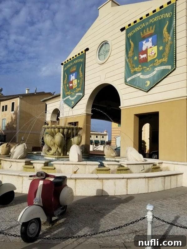 scooters parked by a fountain and buildings