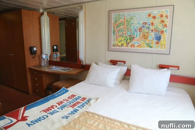 Interior view of a Carnival Imagination stateroom, showcasing its layout.