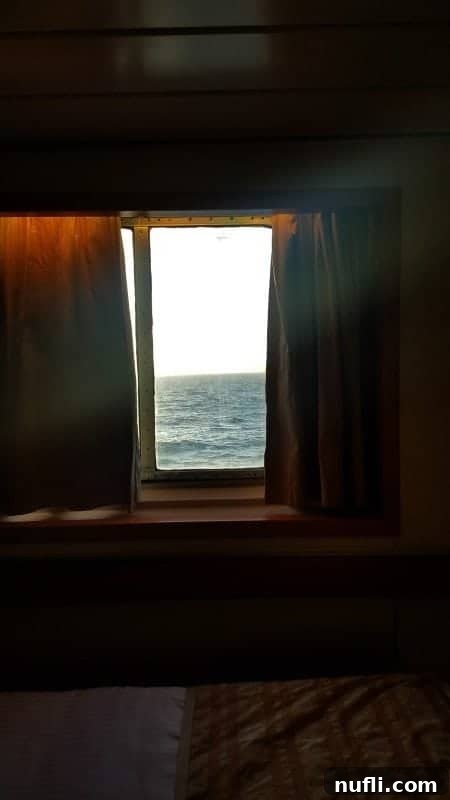A view looking out from a Carnival Imagination stateroom window, showing the vast expanse of the ocean.