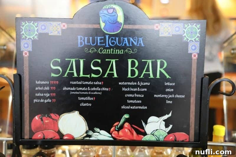 Menu board for the Blue Iguana Cantina salsa bar on Carnival Imagination.