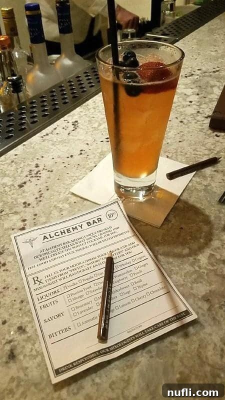 A custom cocktail and prescription pad from the Alchemy Bar.