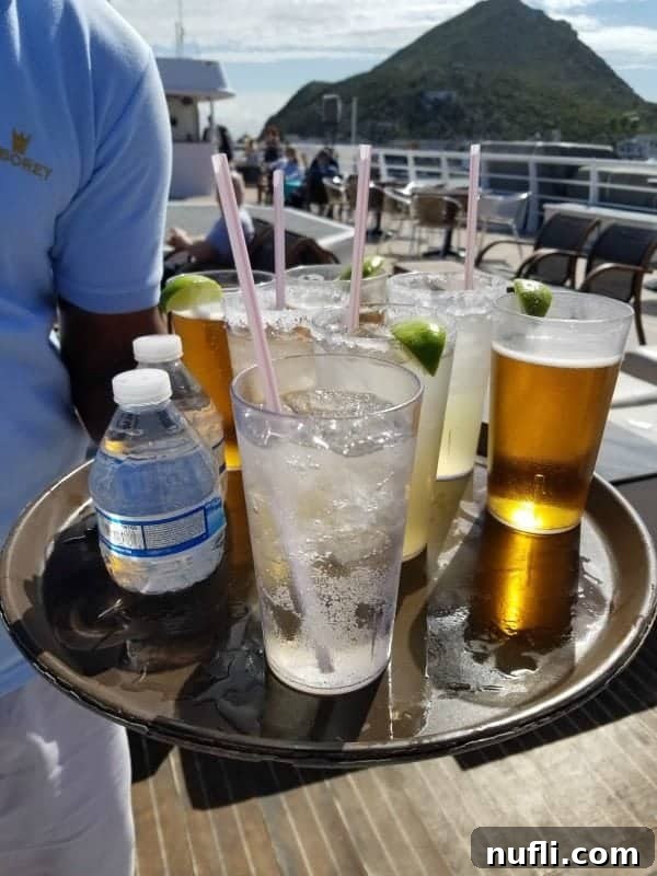 Onboard waiter graciously serving refreshing drinks to passengers during the Cabo whale watching excursion.