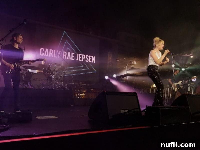 Carly Rae Jepsen performing live on a cruise ship stage, captivating the audience with her vibrant energy and pop hits.