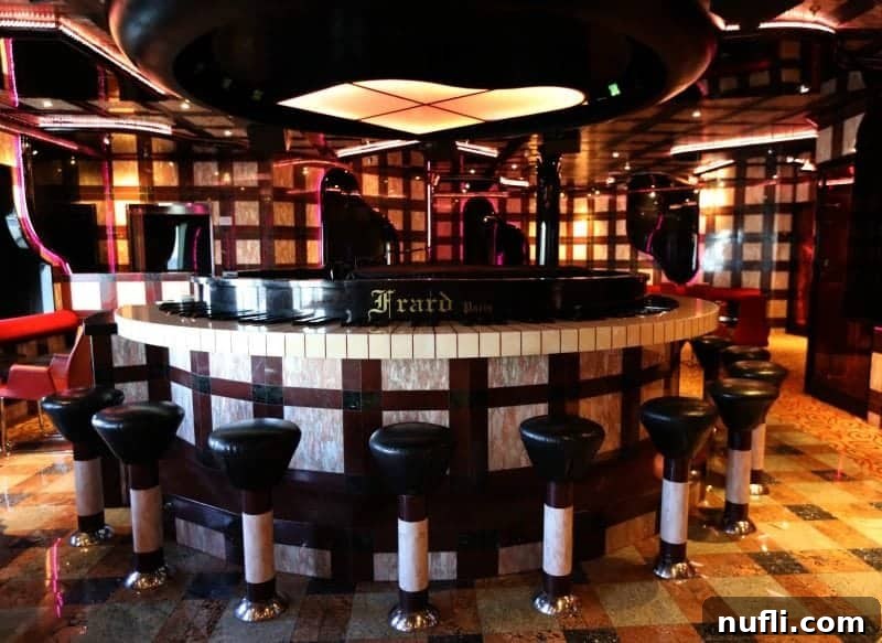 Lively piano bar with stools near the piano, inviting guests to sing along.